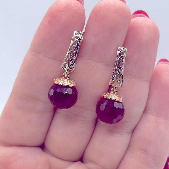 Rose Gold Plated Red Zircon Dangle Earrings - Picture 2 of 6